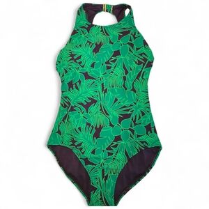 Lands' End NWOT Purple Green Tropical One-Piece Swimsuit Bathing Suit Size M